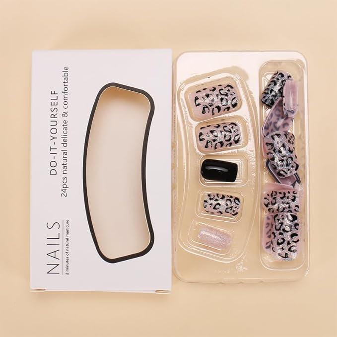 Leopard Print Press on Nails Black Fake Nails Medium Square False Nails Press ons with Design,Reusable Artificial Nail Full Cover Glue on Nail Stick on Nails for Women Manicure 24Pcs