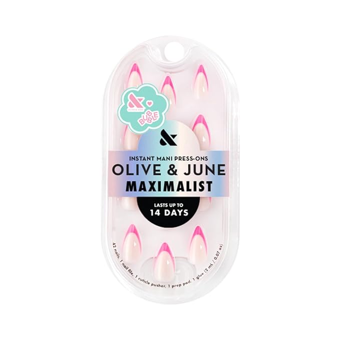 Olive & June Maximalist Instant Mani Press-On Nails (Glue) | 42 Fake Nails, 21 Sizes | Non-Toxic, Long-Lasting Big, Bold Gorgeous Realistic Look | Salon-Quality | Medium, Stiletto | Neon Pink French