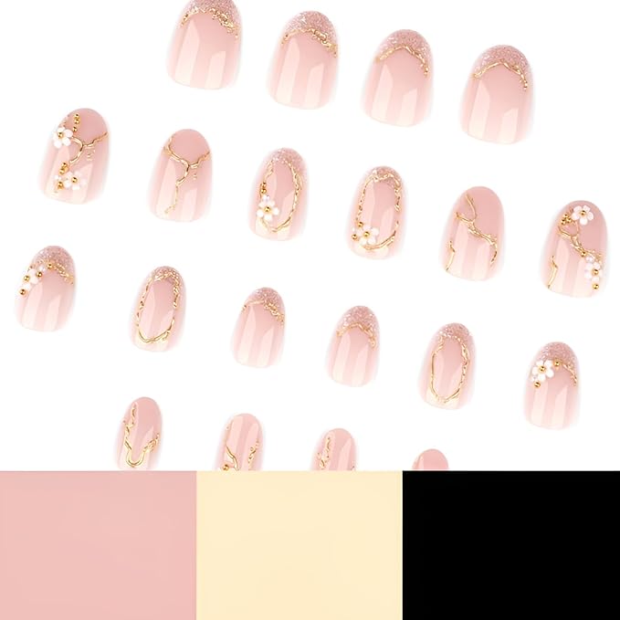 Flower Press on Nails Short Almond Fake Nails Glitter French Tip Nails Press Ons with Gold Line Design Glossy Full Cover Glue on Nail Nude Stick on Nail for Women Decorations Set 24Pcs