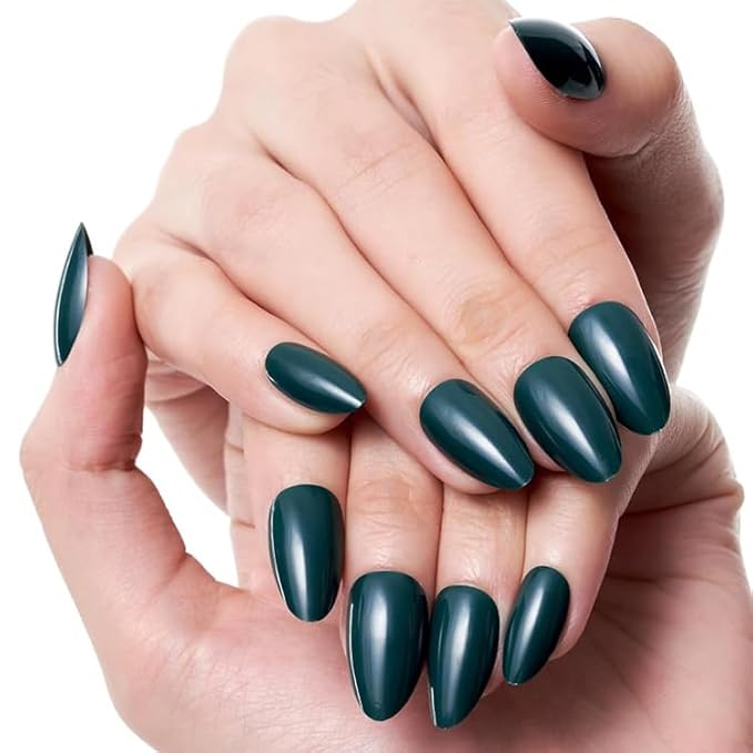 GLAMERMAID Dark Green Press On Nails Short Almond, Pure Deep Green Handmade Soft Jelly Gel Fake Nails, Glossy Round Oval Stick Glue on Nails Manicure Kit for Women, Reusable Acrylic False Nail Set