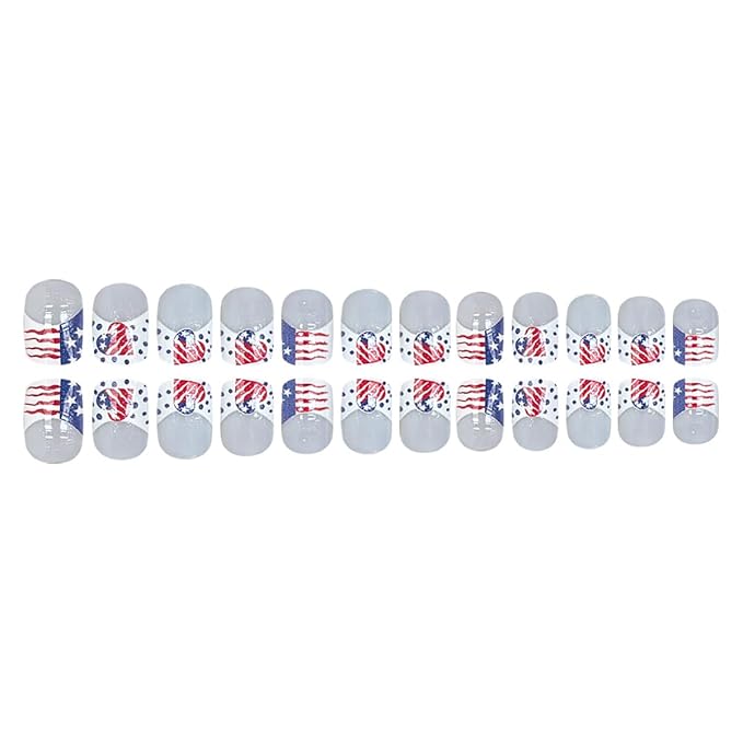 24Pcs Independence Day Press on Nails, Short Square, French Tip, USA Heart Flags Design, White Glitter, Reusable Stick on Nails for Women