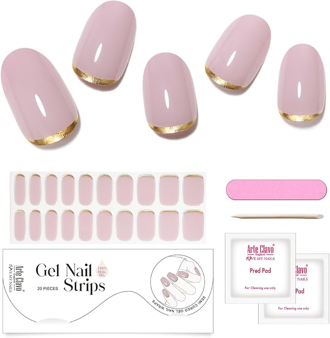 Arte Clavo Semi Cured Gel Nail Strips, 20 Pcs Gel Nail Stickers with UV Light Required, Salon Quality, Long Lasting, Easy Apply and Remove (French Pink)