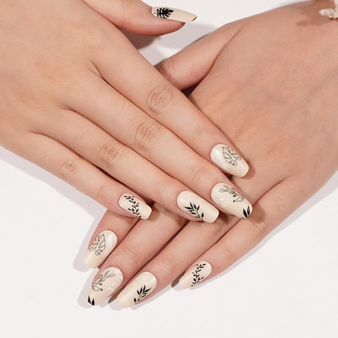 Semi-Cured Gel Nail Strips - 20 Salon-Quality Gel Sticker with UV Light Required, Long Lasting, Easy Application & Removal, Includes Prep Pad, Nail File, Wooden Stick (Latte Leaves)