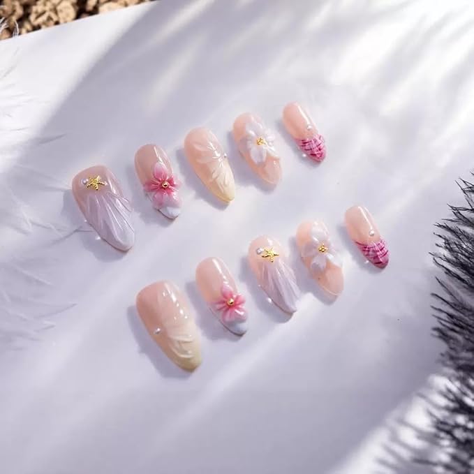 10Pcs Medium Almond Handmade Press On Nails | Nude Pink & Yellow Ombre with Seashell, Starfish, 3D Floral & Pearl Decor | Reusable Salon-Quality Fake Nails for Women and Girls(25901, S)