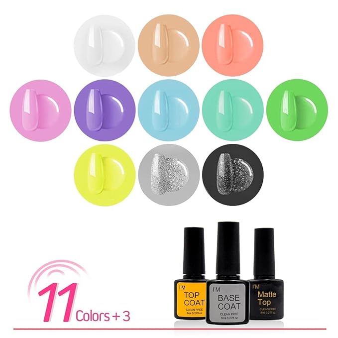 Gel Nail Polish Kit with Nail Art Decorations, Nail Polish Set include 11 Colors with Glossy & Matte Top Coat, Base Coat, Nail Stickers, Rhinestones decorations and Manicure Tools for Women
