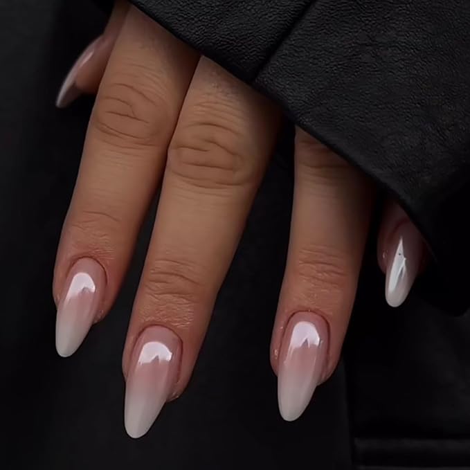 Press on Nails Almond - Medium Fake Nails with Ombre Deign - Glossy Full Cover Stick on False Nails - for Women 24 Pcs