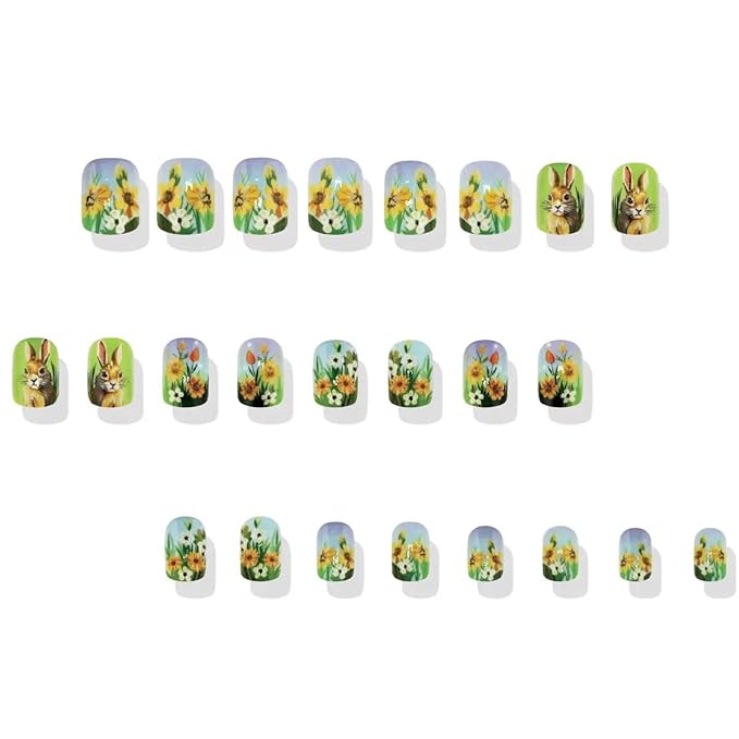 Easter Day Press on Nails - Short Square Fake Nails with Bunny Flower Design - Spring, Green Fasle Nails Press ons - for Women 24 Pcs