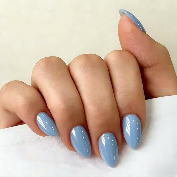 Chrome Baby Blue Press on Nails Short Almond, Glazed Cute Fake Nails with Sparkle Mirror Design, Shiny Glitter Glue on Nails Stiletto, Gel Nail Press ons with Glue for Fingernail 30 Pcs