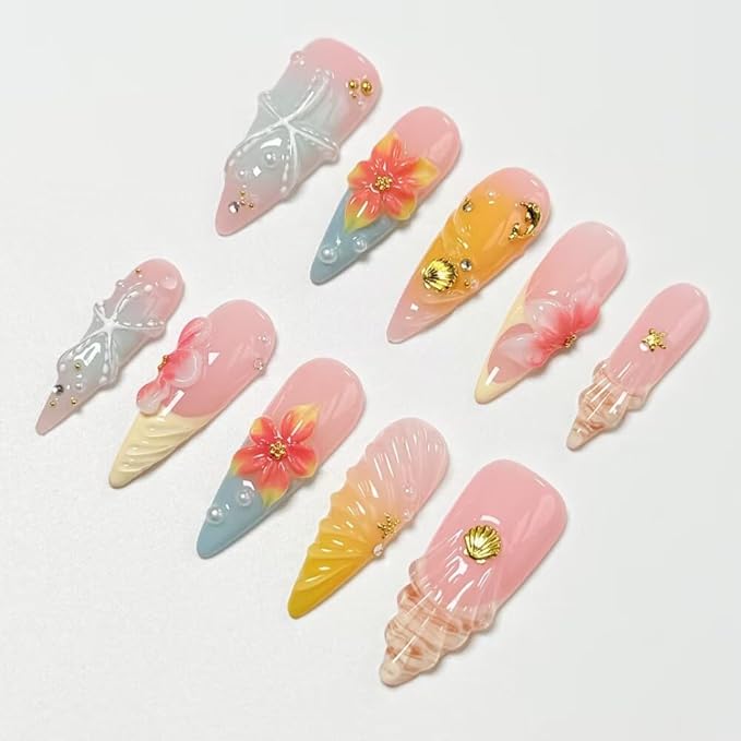 10Pcs Press On Nails Stiletto Shape Hnadmade Fake Nails, French Shell Acrylic Nails, Reusable Artificial Gold Plated Decoration Stiletto False Nails for Women (Size S)