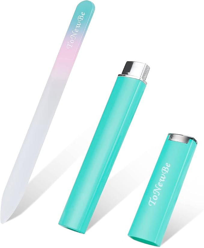 Glass Nail File in Case, Glass Fingernail File, Christmas Gifts Stocking Stuffers, Double-Sided Etched Crystal Nail File for Nail Art & Nail Care(Green)