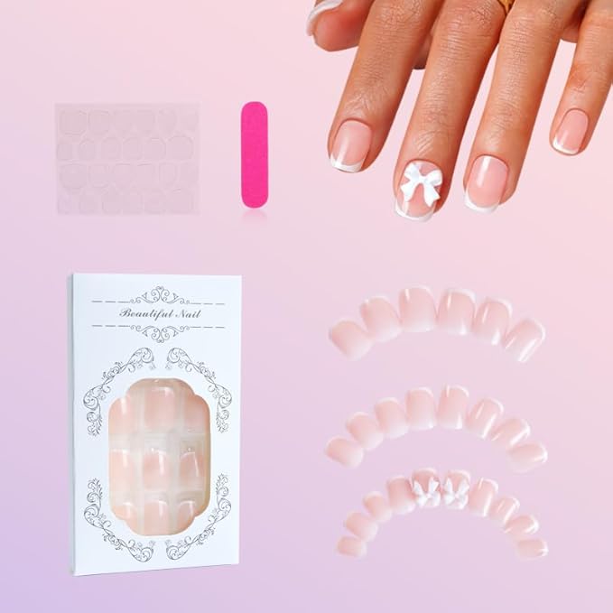 Press on Nails Pink Glossy 3D Flower French Fake Nails French Fake Reusable Nail Kit with Nail Glue Adhesive Tabs Mini Nail File for Women Manicure Art Decoration 24PCS