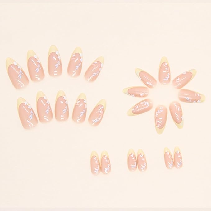 Flower Almond Press on Nails Medium Fake Nails French Tip False Nails with Designs Floral Glue on Nails Glossy Full Cover Acrylic Artificial Cute Stick on Nail for Women Nail Manicure 24pcs