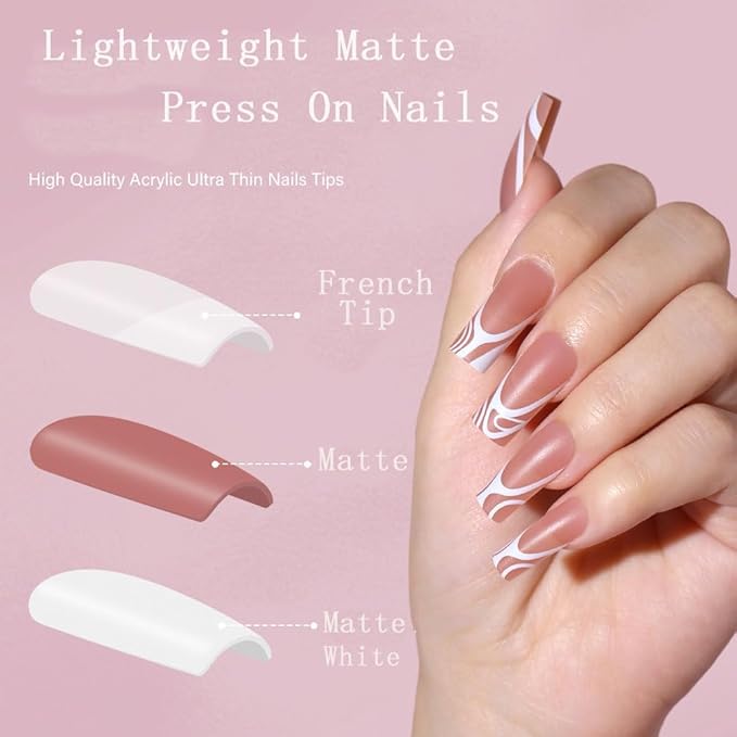 120 Pcs Medium Press on Nails Square French Tip Fake Nails with Stripe Design Full Cover Matte Stick on False Nails for Women 15 Sizes