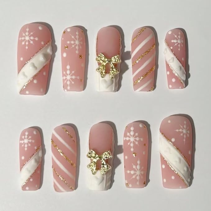 Press On Nails Handmade Square Fake Nails, Painting Snowflakes and Gold Plated Bow Design,10 Pcs Reusable ABS Material Acrylic Fingernail Tip Salon Artificial Nails Kit (Size M)