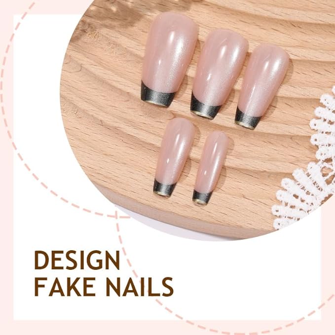 Black French Tip Press on Nails Square Medium Fake Nails Goth False Nails Press ons for Cat Eye Manicure Reusable Artificial Nail Full Cover Glossy Glue on Nail Stick on Nails for Women 24 Pcs