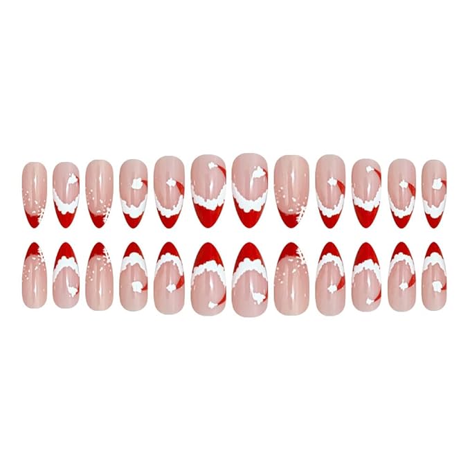 Christmas Press on Nails Short Almond Fake Nails Christmas Hat French Tip False Nails Press ons Cute Full Cover Stick on Nails Winter Xmas Acrylic Nail for Women Manicure 24Pcs