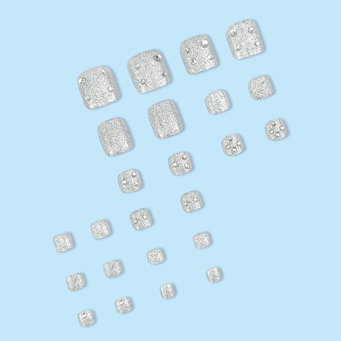 Silver Diamonds Press on Toe nails Short Square Fake Solid Toe Nails Tips Glitter Silver with Rhinestones False Toenails Glossy Summer Acrylic Toe Nails Decorations for Women Girls 24Pcs