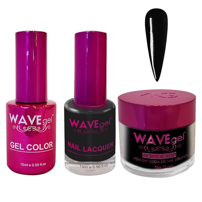 WAVEGEL Soak-Off Gel, Nail Lacquer & Acrylic/Dip Powder Matching Set - Princess Collection - #001 Super Black