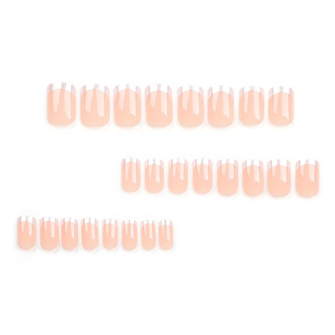 Press on Nails Square - Short Fake Nails with Silver French Design - Nude False Nails Glossy Stick on - for Women 24 Pcs