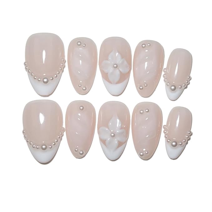 10Pcs Almond Handmade Press On Nails | Floral Seashell Ombre Collection with 3D Decor & Gold Bead Accents | Reusable Easy to Apply Salon-Quality Fake Nails for Women and Girls (PZ04, S)