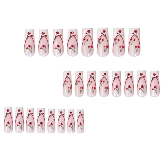 White French Tips Press on Nails Cherry Press on Toenails Long Square Stick on Nails with Designs Nude Pink Fake Nails Glossy Reusable Spring Summer False Toenails for Women Girls Manicure 48Pcs