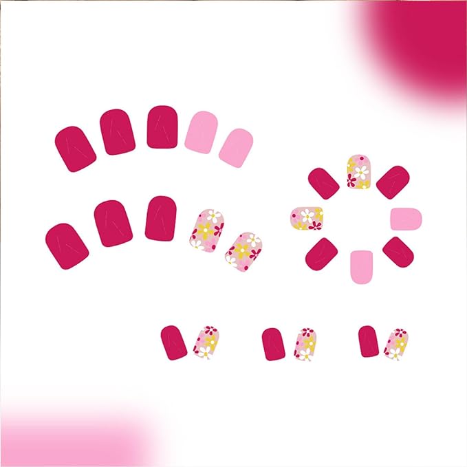 Short Press on Nails Square Pink Fake Nails with Design Yellow Flower Glue on Nails Daisy Stick on Nails Glossy Spring Nails Reusable Summer False Nails for Women 24 Pcs