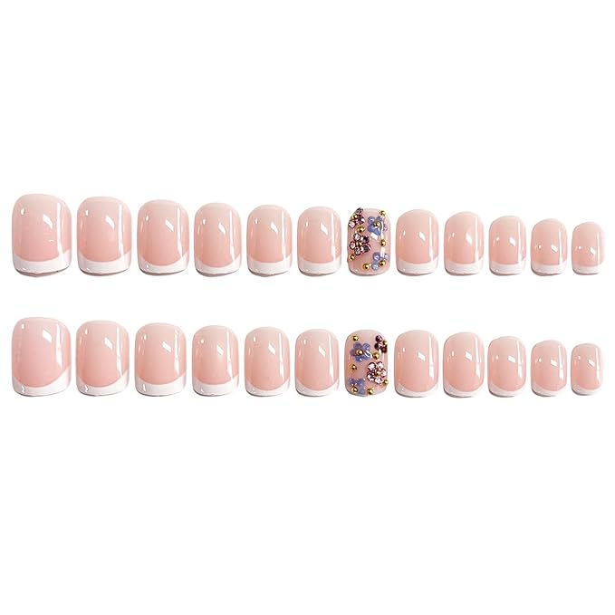 Press on Nails Short Square MABKJLF Fake Nail White French Tip False Nails with Rhinestones Flower Gold Ball Designs Glossy Glue on Nail Spring Full Cover Acrylic Nails for Women Girls 24Pcs