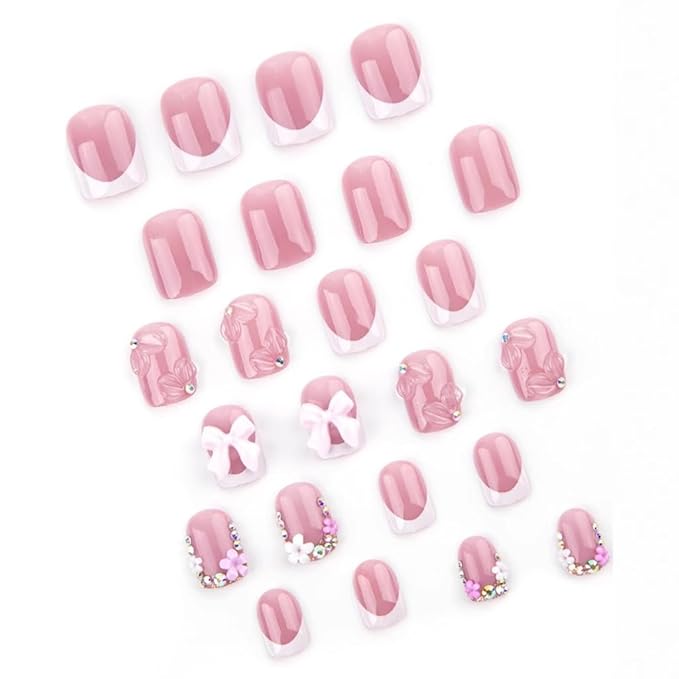Pink Press on Short Square Fake Nails with 3D Bow Charms Design - Flower False Glue on Cute Acrylic Rhinestone Glossy Full Cover Stick on for Women Manicure - 24Pcs