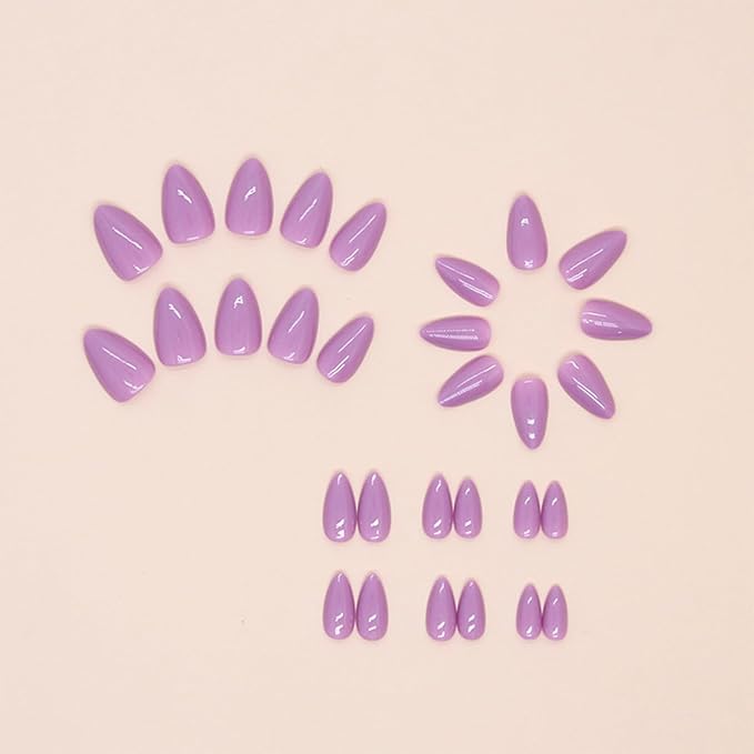 Purple Press on Nails Short Almond Fake Nails Press ons False Nails Acrylic Glossy Full Cover Glue on Nails Cute Artificial Stick on Nails for Women Manicure 24 Pcs