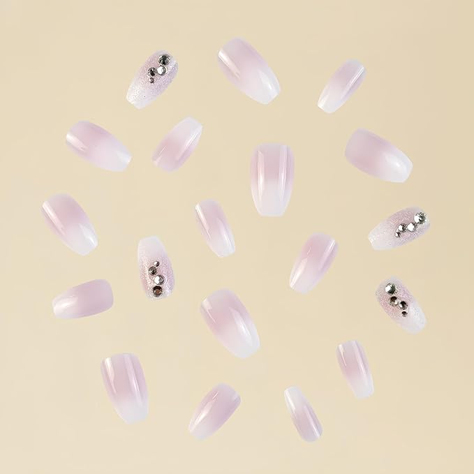 Glitter Gradient Press on Nails Medium Square Fake Nails Solid Nude False Nails with Rhinestone Design Full Cover Nude French Glossy Acrylic Nails for Women and Girls DIY Manicure Decoration 24Pcs
