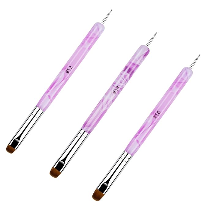 French Brush for Nails Premium 2 Way French Gel Acrylic Nail Art Brush & Dotting Tool ，#12#14#16 Professional French Tip Nail Brush Nail Salon Quality Brush, Nail Dotting Pen (3 Pcs)