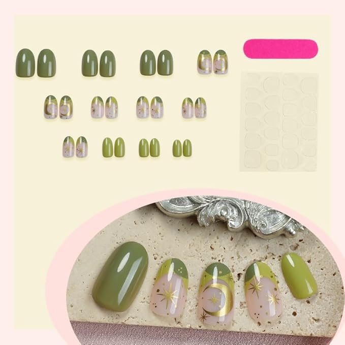 Press on Nails Almond Green Star French Fake Nails French Fake Reusable Nail Kit with Nail Glue Adhesive Tabs Mini Nail File for Women Manicure Art Decoration 24PCS
