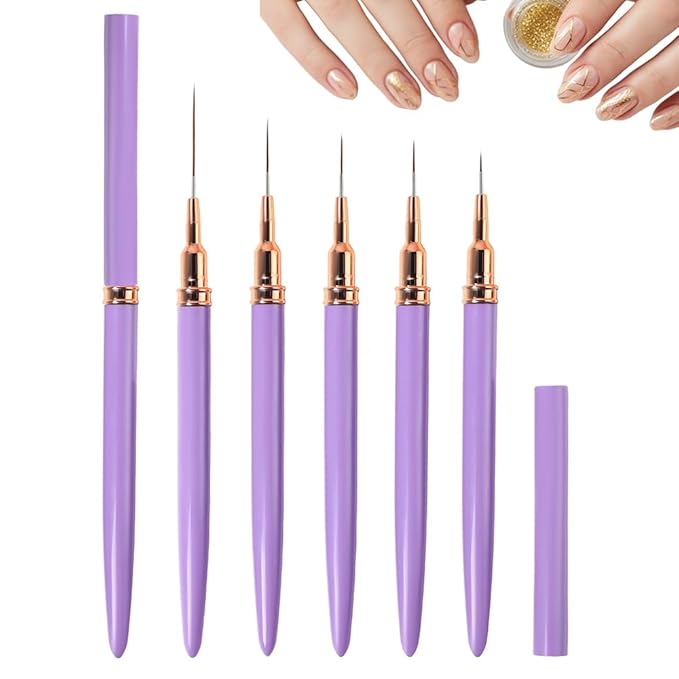 Metallic Nail Art Pens, 2026 New Liner Brushes Set, 5PCS Black Color Nail Tools For Long Lines, Fine Drawing, Liner Brush UV Gel Polish Painting Nail Design Sizes 6/9/11/16/24mm (Purple)