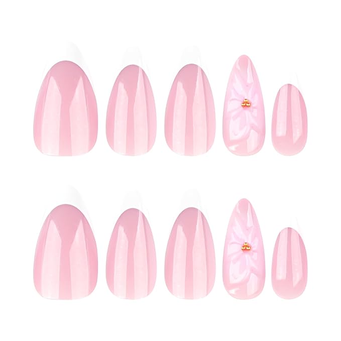 White French Tip Fake Nails Medium Almond Press on Nails 3D Flower Nails Press Ons with Rhinestones Design Glossy False Nails Glitter Glue on Nail Acrylic Stick on Nail for Women 24Pcs