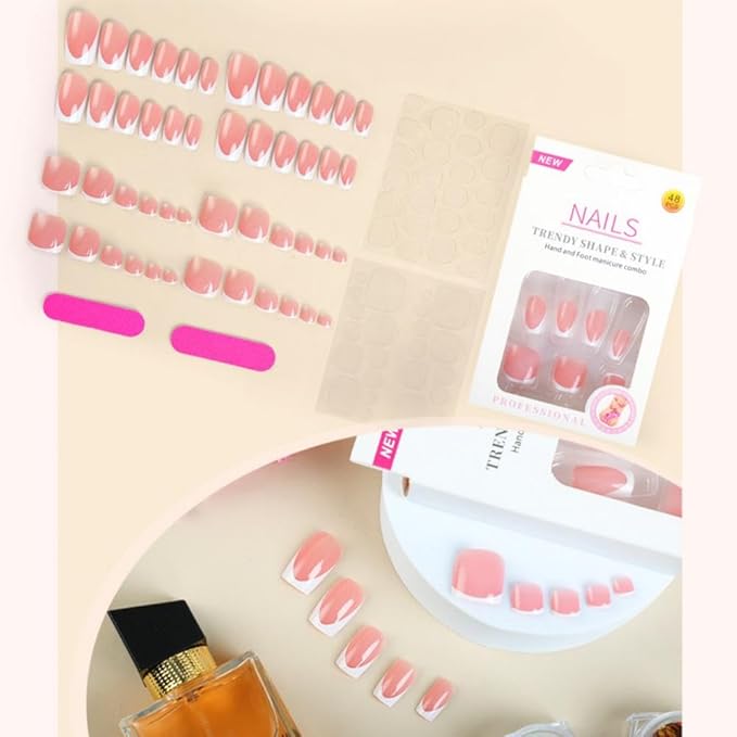48Pcs Short Square Press on Toenails White French Tips Press on Nails Glossy Skintones Fake Nails with Designs Summer False Nails Reusable Full Cover Glue on Toenails Kit for Women Girls Manicure