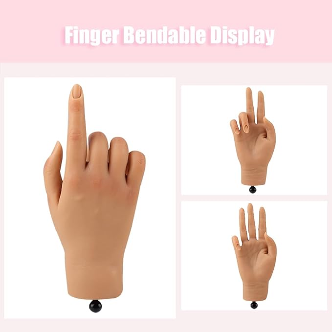 Nail Pratice Training Hand for Acrylic Nails with Stand Bracket,Soft Silicone Maniquin Hand, Flexible Bendable Nail Practice Fake Hand for Nails Art Practice Tool