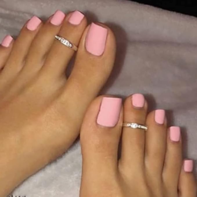 Pink Press on Toe Nails Matte Square Fake Toenails Short Solid False Toes Nails with Designs Acrylic Cute Artificial Beach Full Cover Toenail for Women 24 Pcs (Light Pink)