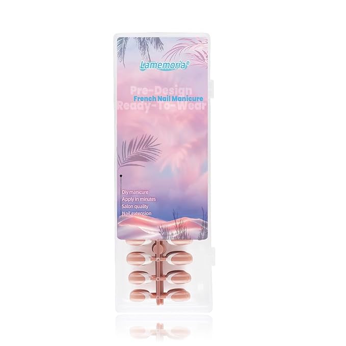 Lamemoria Pre-Design Brown Gel French Nail Tips, Short French Tip Press On Nails Oval Shape, Basic Fake Nails With Glue Tabs 240 Pcs/Set