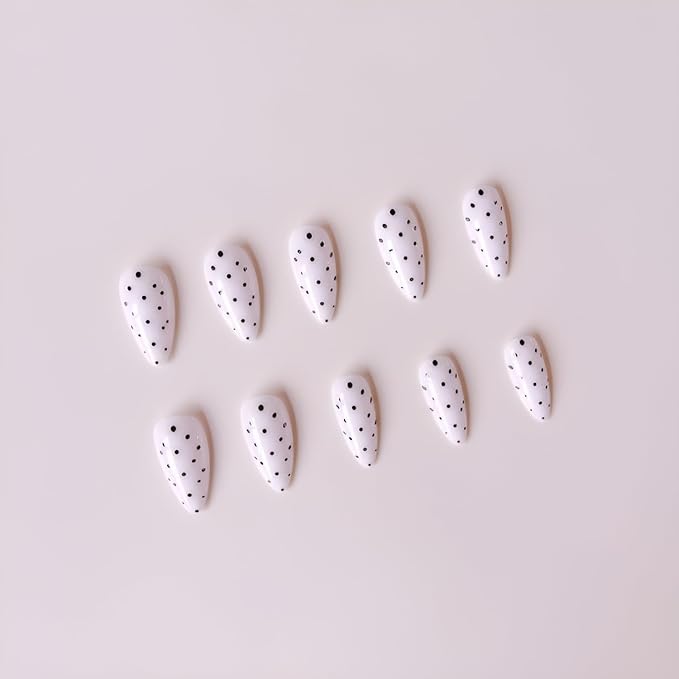 24Pcs Polka Dot Press on Nails Almond Fake Nails Medium False Nails Black White Nails Press Ons Glossy Full Cover Stick on Nail Acrylic Polka Dot Glue on Nail for Women and Girls Decoration