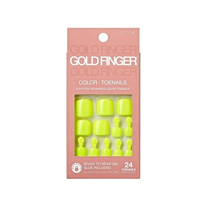 GoldFinger Press On Toenails Kit, High Pigment Neon Yellow Color Fake Toenail, Ready to Wear Gel & Manicure Stick, 2g Glue included, Long-Lasting Convenient & Easy to Apply