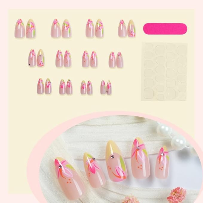 Press on Nails Almond Painted Flowers French Fake Nails French Fake Nails Reusable Nail Kit with Glue Adhesive Tabs Mini File for Women Manicure Nail Art Decoration 24PCS