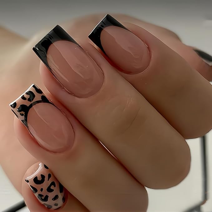 Black French Tip Press on Nails Short Square Fake Nails Glossy Leopard False Nails Press ons Reusable Artificial Nail Full Cover Stick on Nails for Women Manicure 24 Pcs