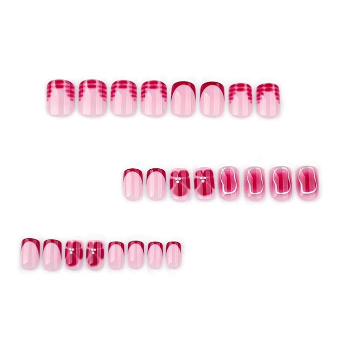 Press on Nails Short - Square Fake Nails with Red Flower Design - French Tip Full Cover Stick on Nails for Women -24 Pcs