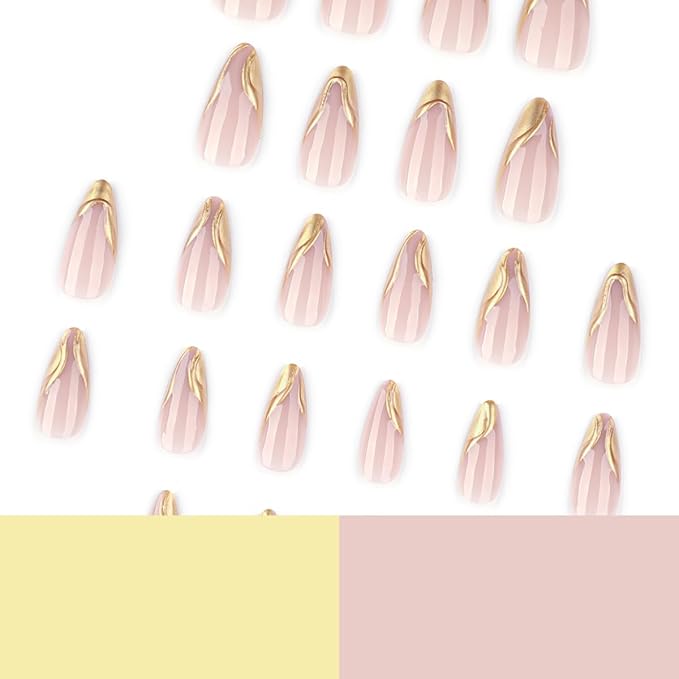 Almond Press on Nails Gold Fake Nails French Tip False Nail Press ons with Design Reusable Artificial Nail Full Cover Glossy Glue on Nail Stick on Nails for Women Manicure 24 Pcs