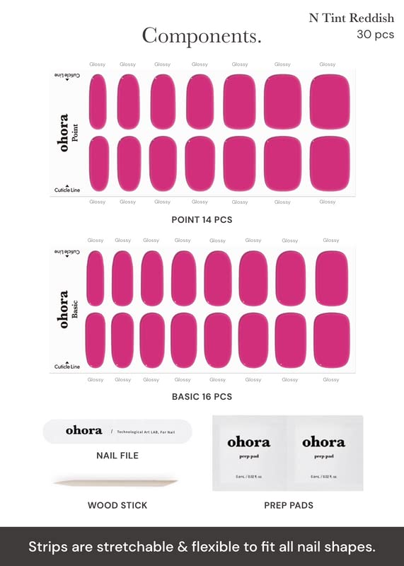 ohora Semi Cured Gel Nail Strips (N Tint Reddish) - Pink, Tint, Works with Any UV/LED Lamps, Salon-Quality, Long Lasting, Easy to Apply & Remove - Includes 2 Prep Pads, Nail File & Wooden Stick