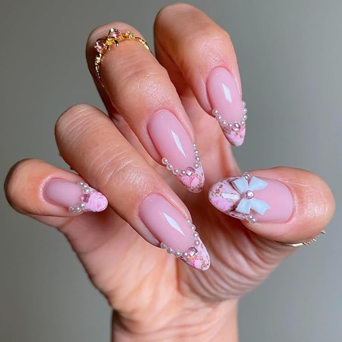 Press on Medium Nails - Almond Fake Nails with Bow Charms Design - Pink, French Tip False Nails - for Women 24 Pcs