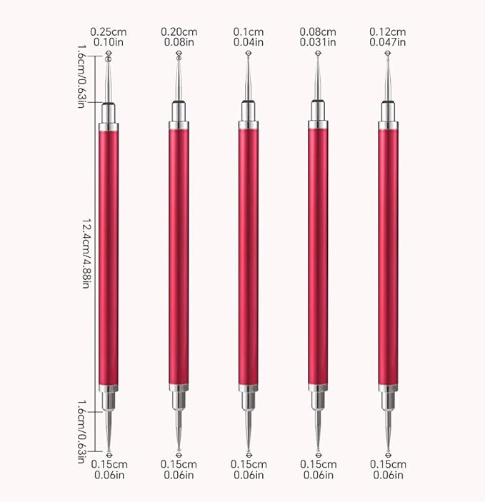 5Pcs Nail Art Dotting Tool Set Double-Ended Dotting Pens & Embossing Stylus for Gel & Acrylic Nails Manicure Brush for Nail Design, Painting, Sculpting & DIY Decorations (Red)
