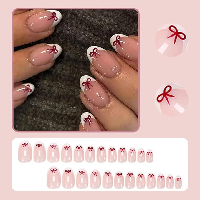 White French Tip Press On Nails Almond Short Fake Nails with Red Bow Design False Nails Valentines Day Bow Full Cover Acrylic Artificial Nails Press Ons Glue Stick On Nail for Women DIY Manicure 24PCS