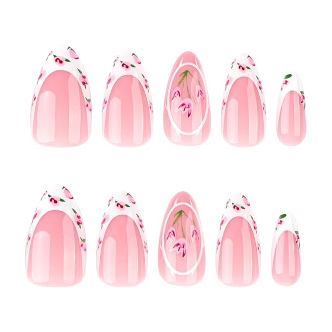 Flower French Tip Press on Nails Medium Almond Fake Nails Spring Summer Nails Press ons with Tulip Floral Design,Reusable & Easy Apply Full Cover Stick on Nails for Women Manicure 24Pcs