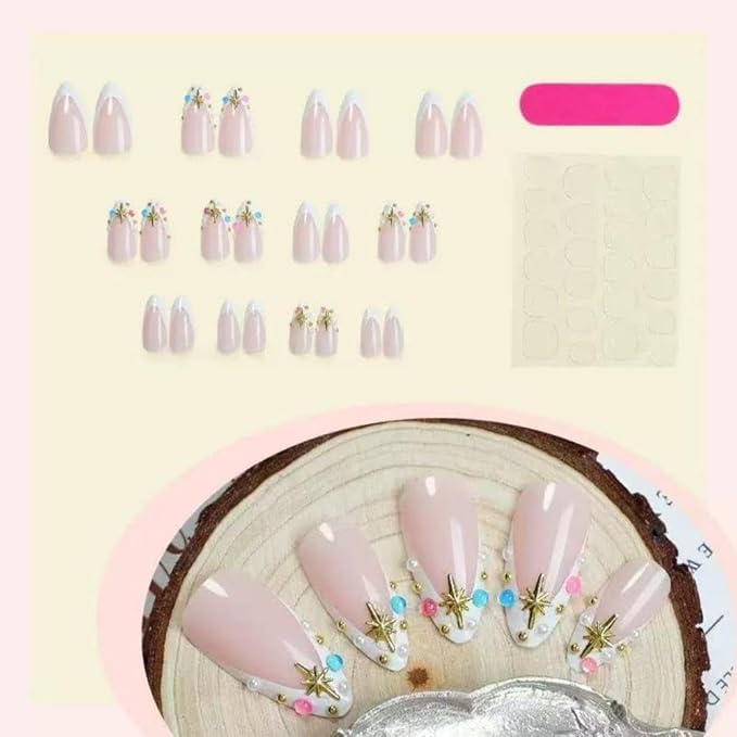 Press on Nails - Medium Almond Glue on Nails - Colorful Rhinestone Design Gold Star False Nails French Tip Stick on Nail Glossy Summer Fake Nail for Women Manicure 24Pcs